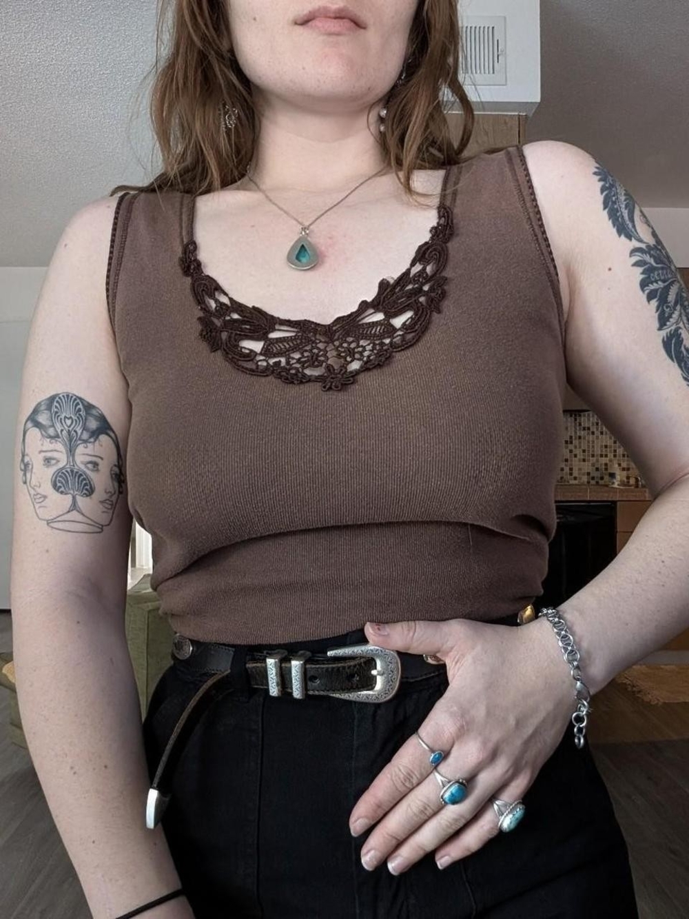 Brown Lace-Trim Knit Tank Top - Women